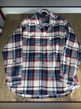 Eddie Bauer Men's Plaid Button-Down Shirt - Blue, Burgundy & White